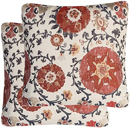 Mika Home Pack of 2 Jacquard Circle Floral Throw Pillow Shell Vintage Cushion Cover for 20X20 Inserts Cream Red
