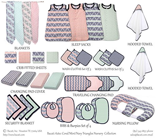 Image of Bacati - Tribal /Aztec Cotton Muslin Fabric Hooded Towels /Wash Cloths(Set of 3) (Set of 3 Wash Cloths, Triangles Coral /Navy)