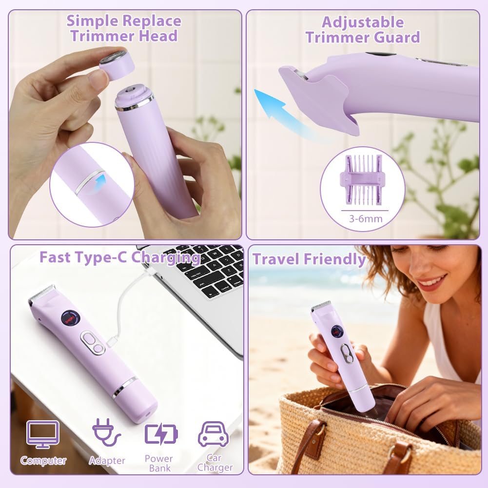 Abnaok 4-in-1 Electric Razors for Women, Cordless Electric Razors for Body Hair, IPX7 Waterproof Bikini Shaver with Replaceable Blade Heads & LED Display for Face/Underarm/Leg