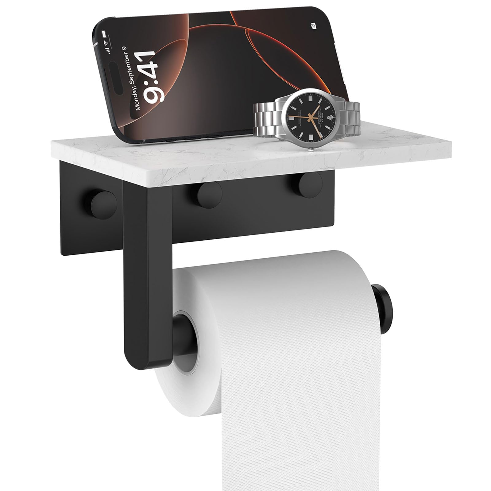 Matte Black Toilet Paper Holder with Marble Shelf Tissue Roll Holder