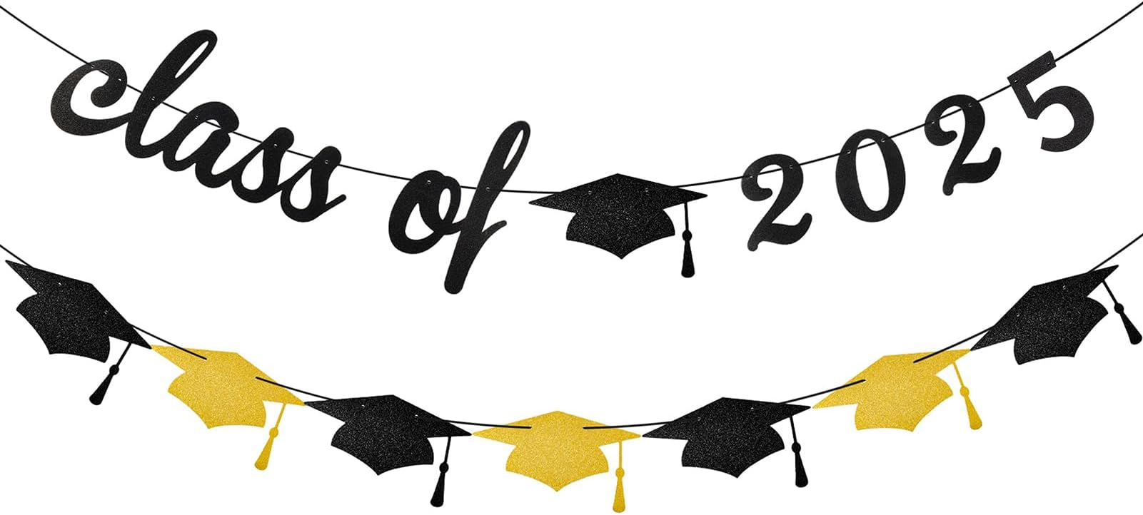 Fanshiontide Class of 2025 Banner Black Golden Glitter Graduation Cap Bunting Garland Graduation Bunting Pull Flag for 2025 Graduate Party Decorations Supplies Classroom Decoration