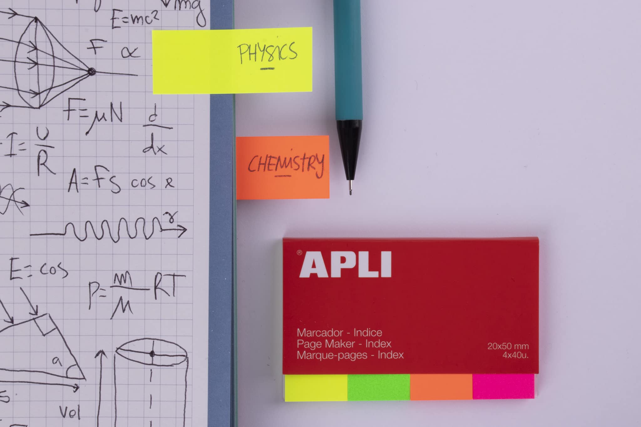 APLI – Notepad Sticky Notes Index 20 x 50 mm Yellow Pink Green and Orange Bright 4 X 40 Sheets