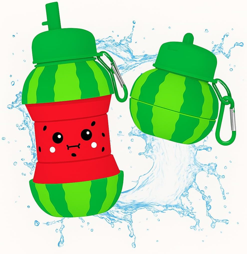 Watermelon Design Silicone Collapsible Water Bottles, Portable Sports Bottle with Carabiner Clip, Leak Proof, BPA Free Sippy Straw 550 ml (Pack of 1) (WATER MELON)
