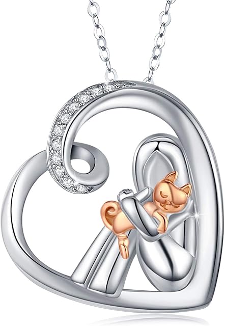 Cat Necklace for Women 925 Sterling Silver Cat and Girl Heart Pendant Necklaces Gold Cat Memorial Gifts for Cat Lover Animal Necklace Cat Jewellery for Childs