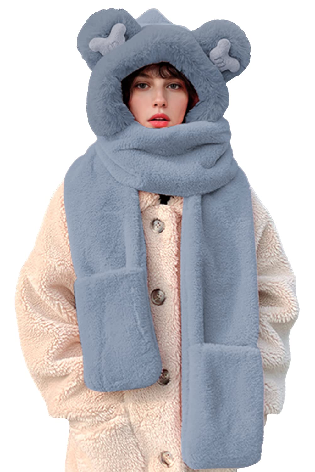 3 in 1 Sciarpa Cappello Orso Orecchio Guanti in Pile Termico Caldo per Inverno Cappello da Donna con Orecchie di Orso alla Moda Cappuccio Sciarpa Guanti per Outdoor