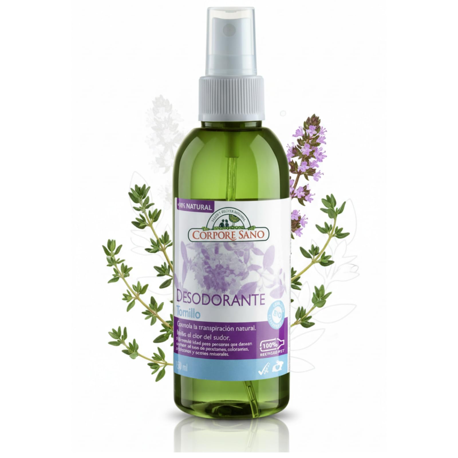 Corpore Sano - Desodorante en Spray Tomillo y Salvia, Natural, Elimina Mal Olor, Hasta 24h de Protección, Extracto Bio Certificado, Vegano, Sin Parabenos, Siliconas, Aluminio, ni Triclosán, 150ml