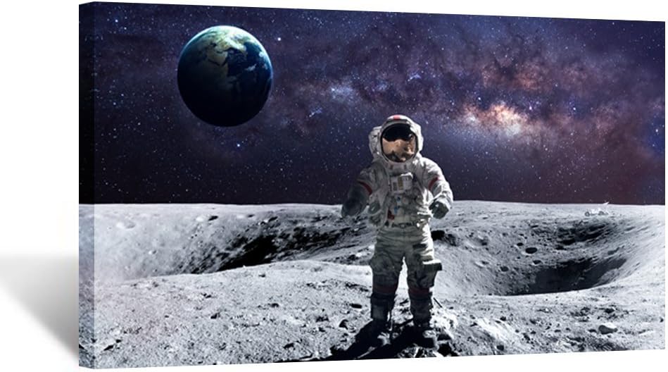 KREATIVE ARTS - Astronaut Standing on the Moon Overlooking Planet Earth Poster Canvas Print Wall Art Landscape Picture Printed on Canvas NASA Home Decoration Giclee Artwork Ready to Hang 20''x36''