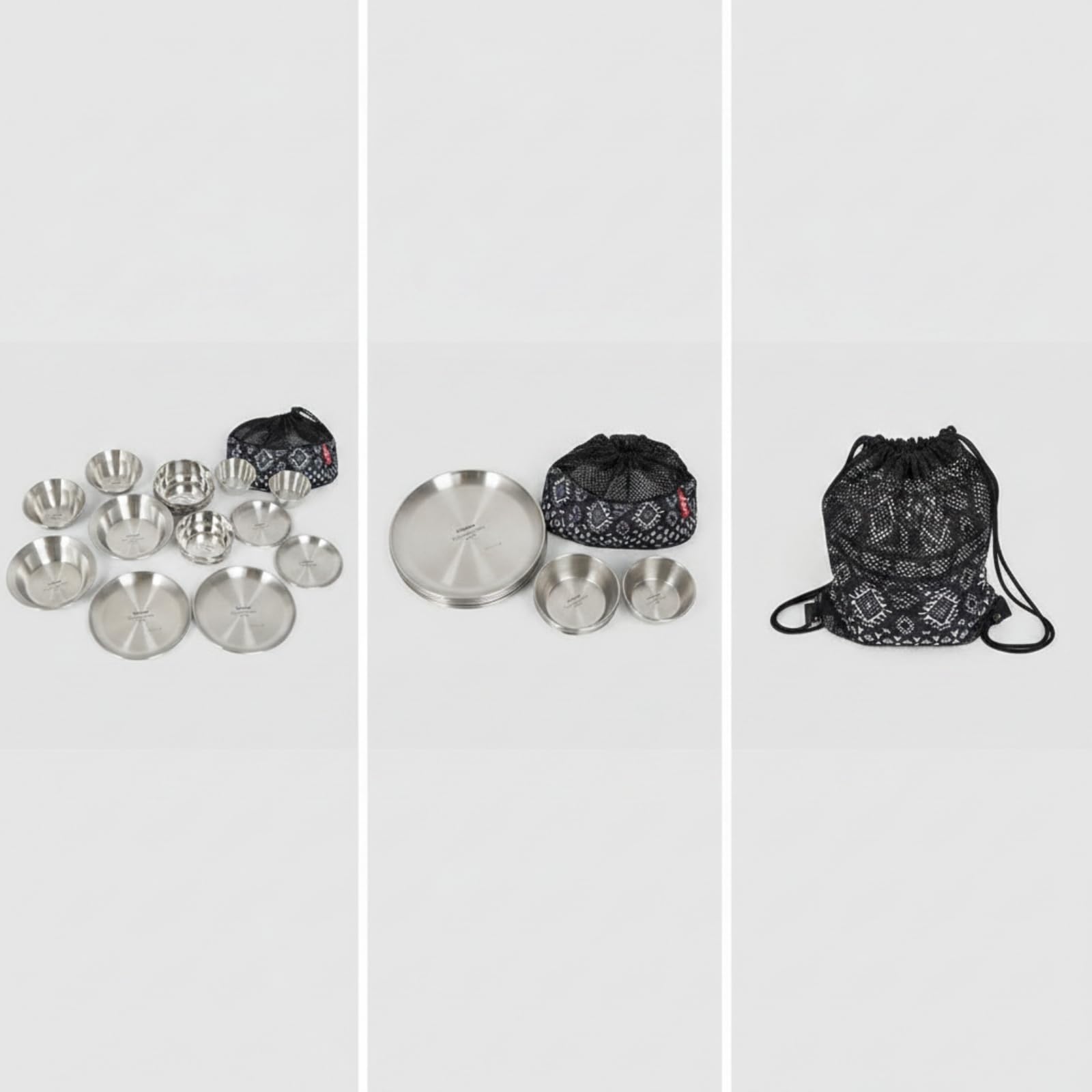 harayaa Vaisselle de Camping INOX Service Assiettes Bols Gobelets Kit Repas Extérieur Empilable Acier Inoxydable avec Pochette à Cordon Adaptée aux Excursions Plein Air Pique Nique Terrasse