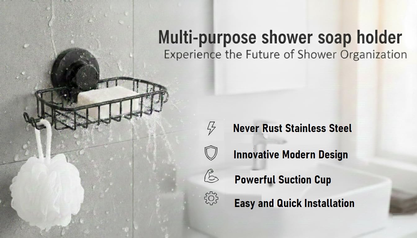 Condition photo showing New/Like New for Soap Dish for Shower Suction Cup Powerful Vacuum System Rustproof 304 Stainless Steel Basket Sponges Holder with Razor Hooks for Bathroom or Kitchen Soap Holder (Black)
