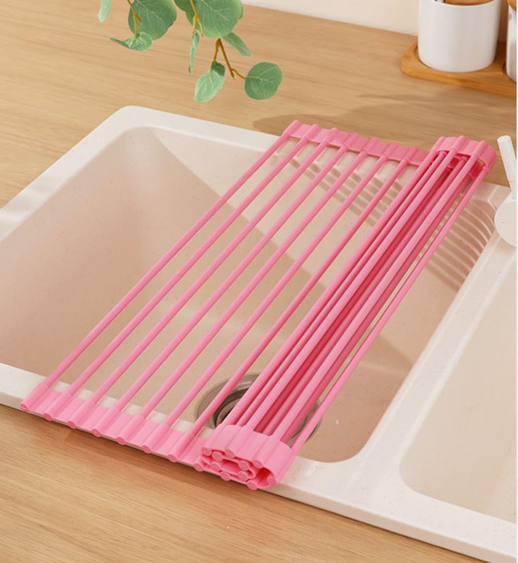 Escurridor de platos enrollable sobre el fregadero. Escurridor de cocina plegable, barra de acero inoxidable totalmente cubierta de silicona, resistente al calor, estante antideslizante