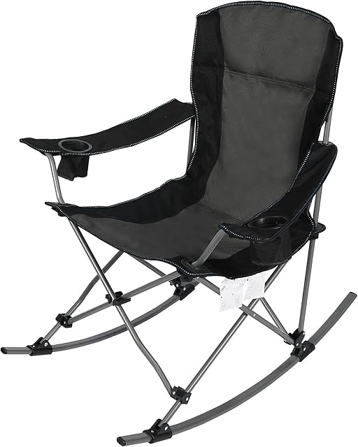 REDCAMP Folding Rocking Camping Chairs for Adults, Oversized Heavy Duty Garden Rocking Chair Portable for Outdoor Outside Patio Lawn Fishing, Black with Padded Back