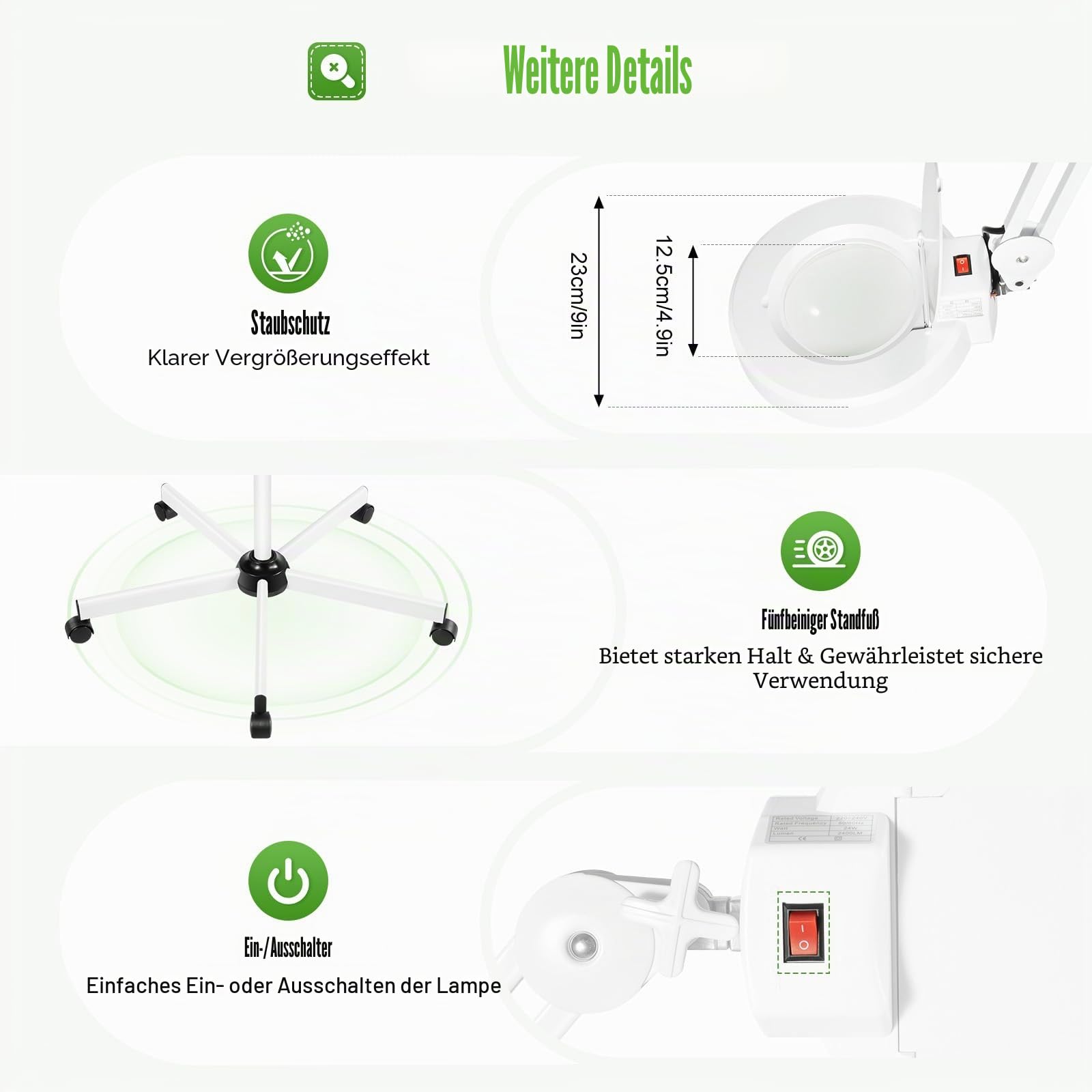 8 Fach Lupen mit LED Licht und Ständer Lupenleuchte 24W | Dreifach Kreisförmige Standlupelampe mit Schwenkarm für Lesen Arbeit Nähen Senioren usw