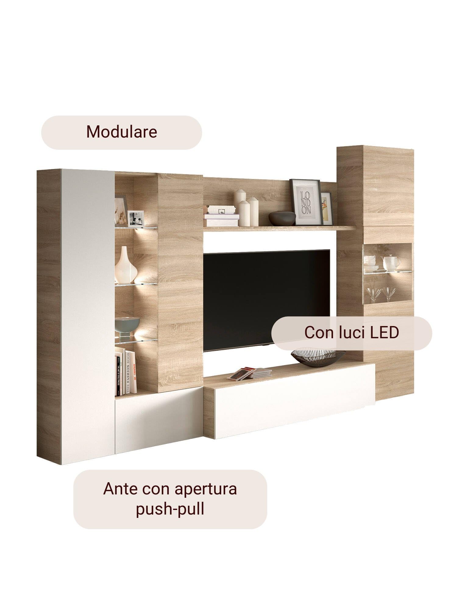 Habitdesign Modèle Essential Meuble TV compact 260 cm, finition chêne canadien et blanc brillant, dimensions : 185 x 260 x 42 cm (H x l x P).