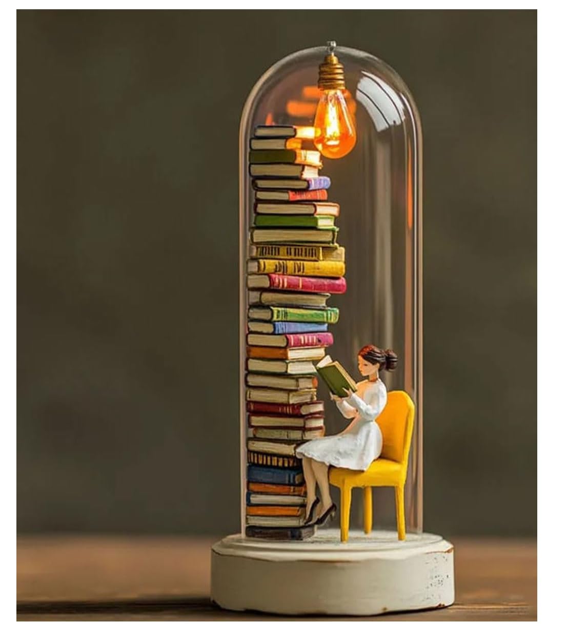 Reader Night Light, Miniature Book Lover Lamp Sculpture with Mini Books and LED Light, Mini Reading Figurine Tiny Bookshelf Library Statue, Gift for Family, Friends, Colleagues (C)