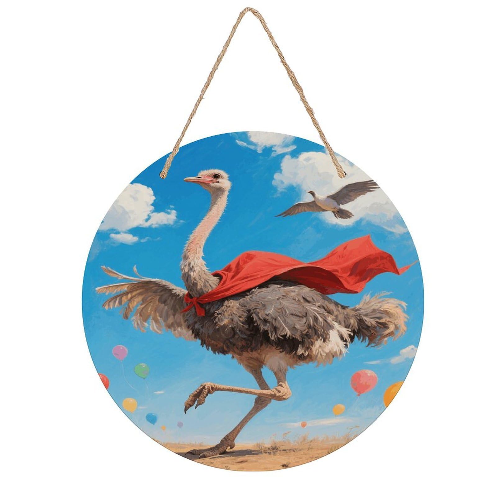 VstaDank Ostrich Wall Decor Round Wood Hanging Sign 7.9x7.9 in Wooden Circle Door Hanger with Ropes, Rustic Wall Art Decor for Home Front Door Indoor Outdoor Decoration