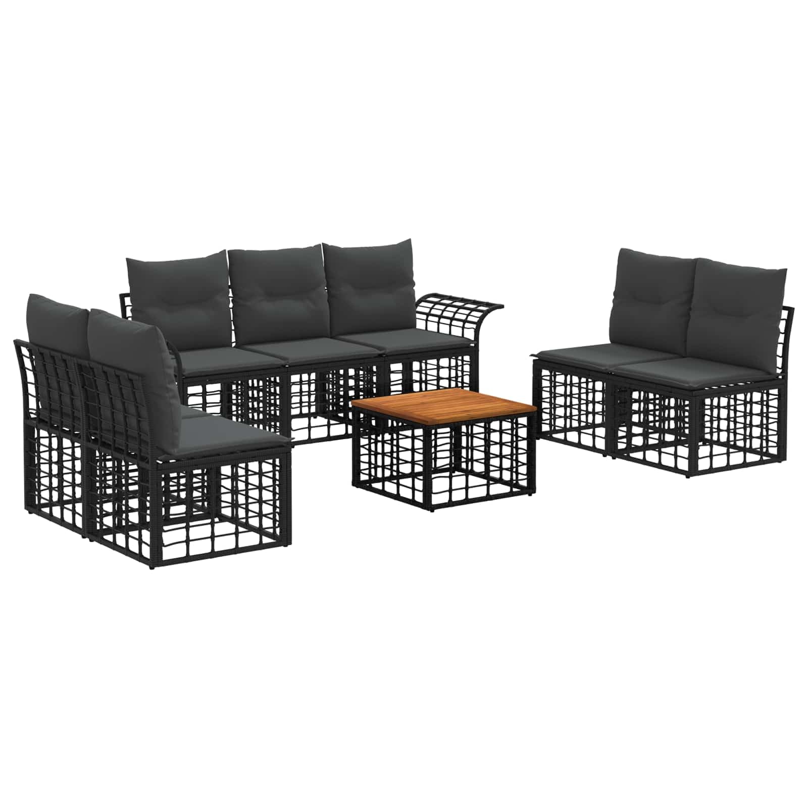 Set di 8 divani da giardino in polyrattan, colore nero | Divani modulari in rattan per giardino e terrazza con tavolo in legno di acacia e comodi cuscini lavabili.