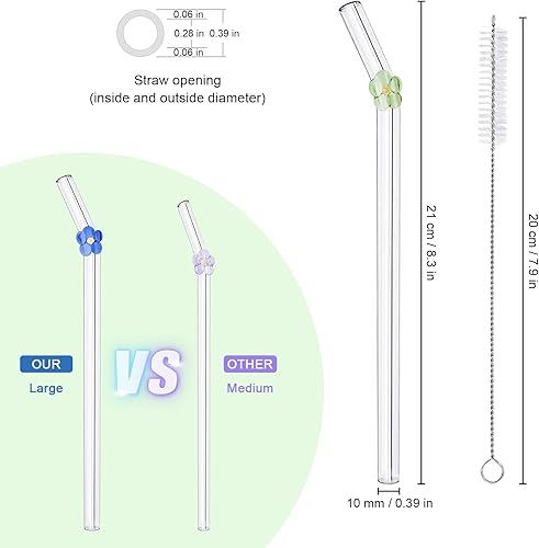Miniatura 2 de DUMING-IN 6 Pcs Glass Straws with Charms, 8.3''x10MM Cute Flower Glass Straws Shatter Resistant, Clear Reusable Straws Dishwasher Safe for