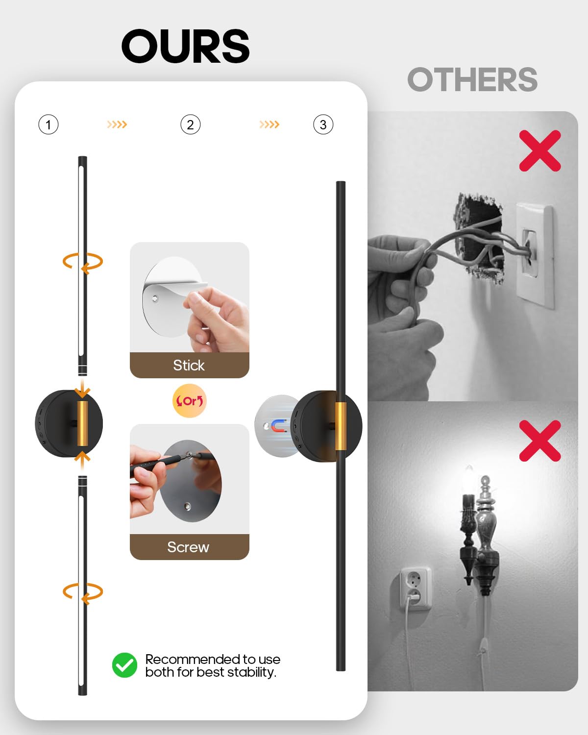 GOODEA Bezprzewodowa lampa ścienna do wnętrz 72 cm - Zestaw 2-6500 mAh-Pilot i timer - Bezprzewodowa lampa ścienna z akumulatorem czarna - do sypialni, salonu, na schody