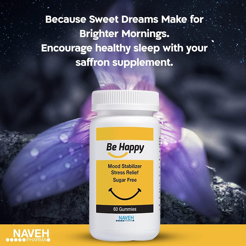 NAVEH PHARMA Be Happy Saffron Supplements for Adults – Stress-Relief, Focus Gummies with Saffron Extract, Vitamin D, and Vitamin B12 – Great-Tasting, Sugar-Free Mood Support Supplement