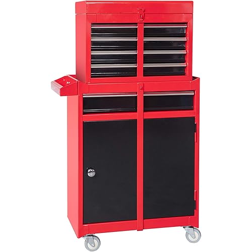 Torin ATBT1204B-RB Rolling Garage Workshop Tool Organizer: Detachable 4 Drawer Tool Chest with Large Storage Cabinet and Adjustable Shelf, Red/Black