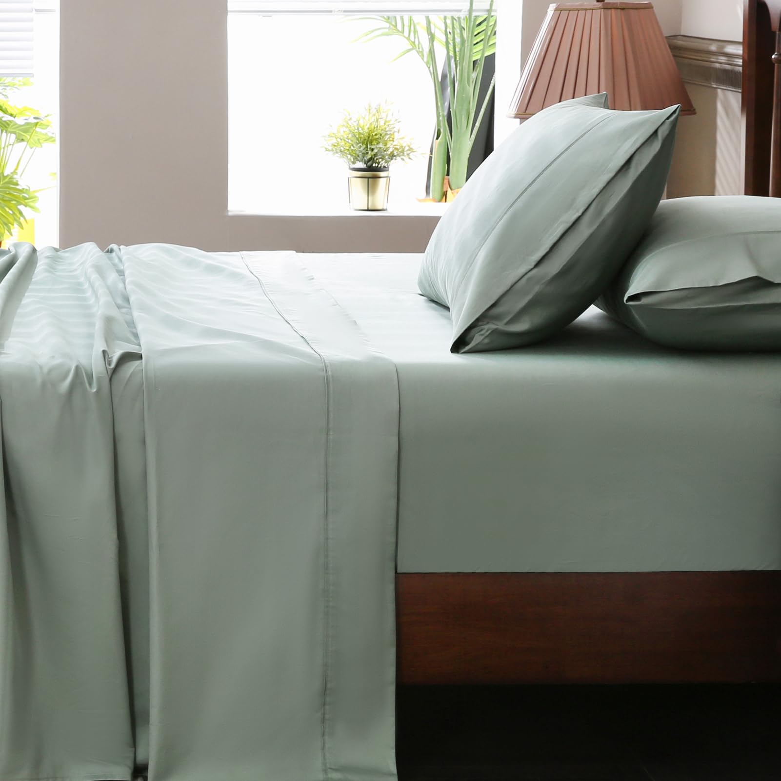 Overket Extra Deep Pocket King Sheets 18-24 Inch 1000 Thread Count 100% Egyptian Cotton Sateen Weave Soft Breathable 4 Pieces（King，Sage Green）