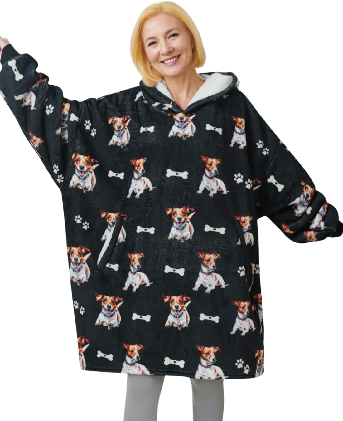 Jack Russel Terrier Gifts for Women/Men, Wearable Blanket Hoodie with Unique Jack Russel Pattern, Christmas Birthday Gifts for Dog Lovers, Black