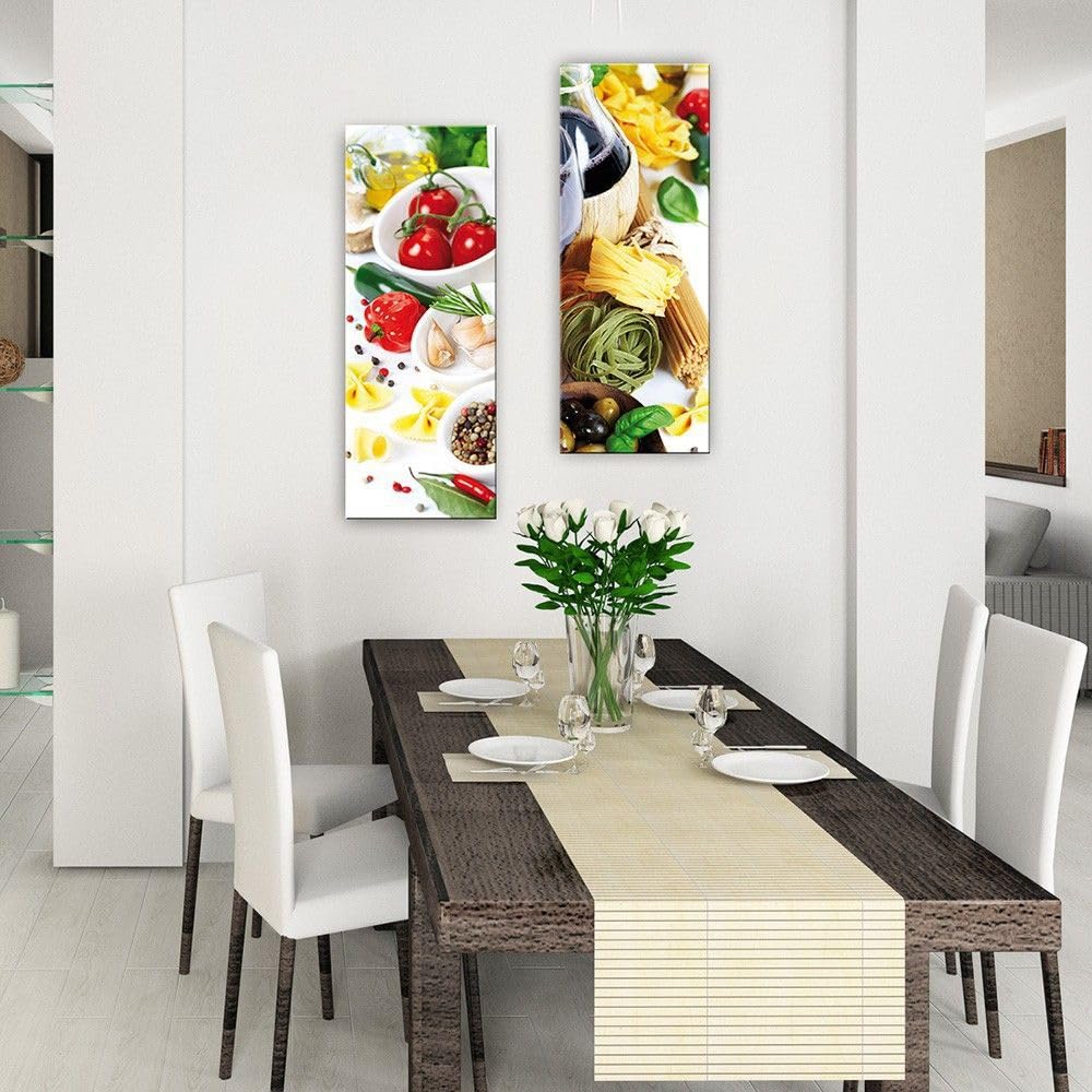 Glasbild Küche 30x80 cm Küchenbild modern: Pasta mit Oliven mediterran AG9405A – Wandbild Küche Hochformat schmal, Küchendeko gelb grün italienisch