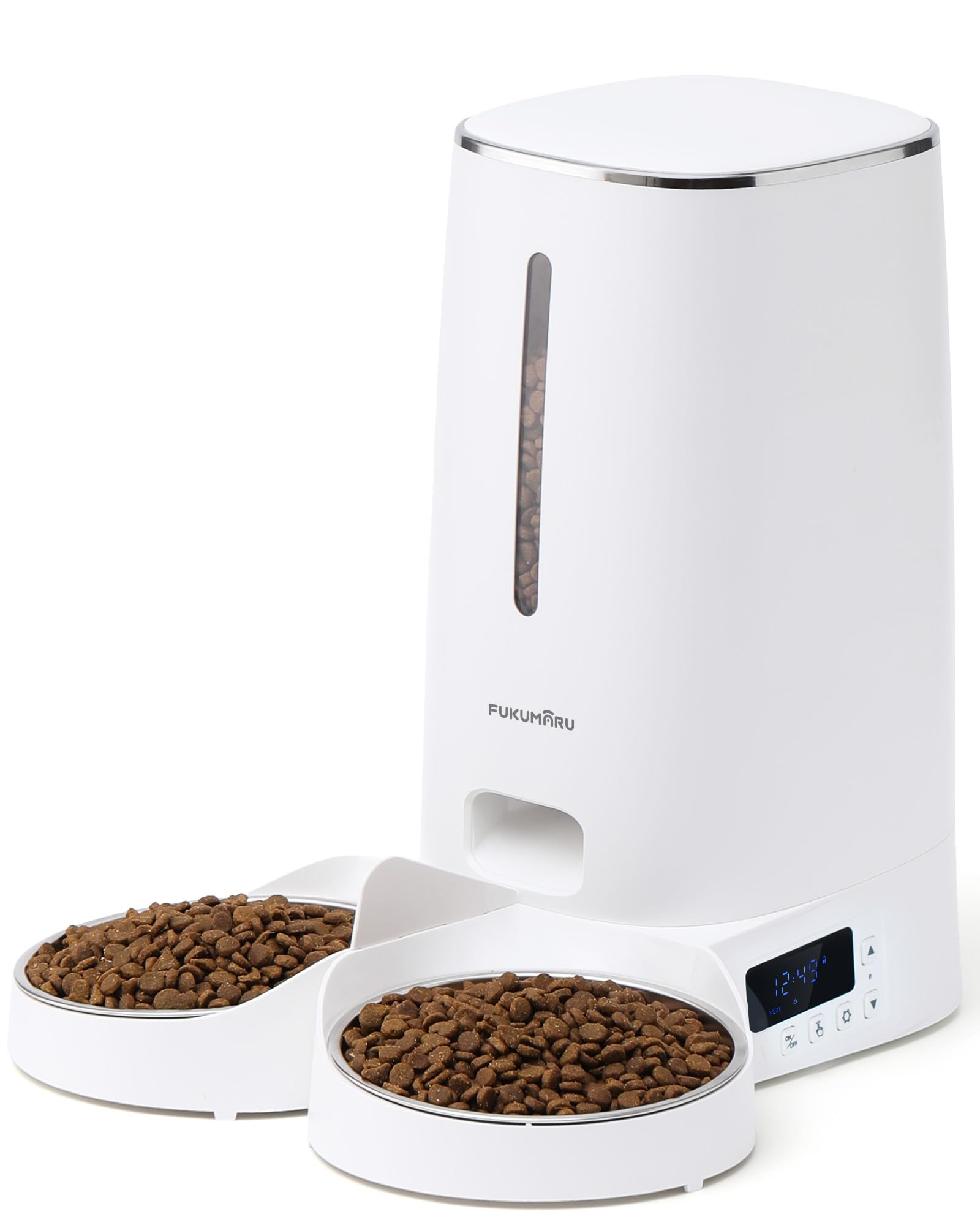 FUKUMARU Futterautomat Katze,Katzenfutter Automat mit Programmierbaren Timern, Automatische Futterspender mit 2 Edelstahlnäpfen, Futterspender für Katzen/Hunde