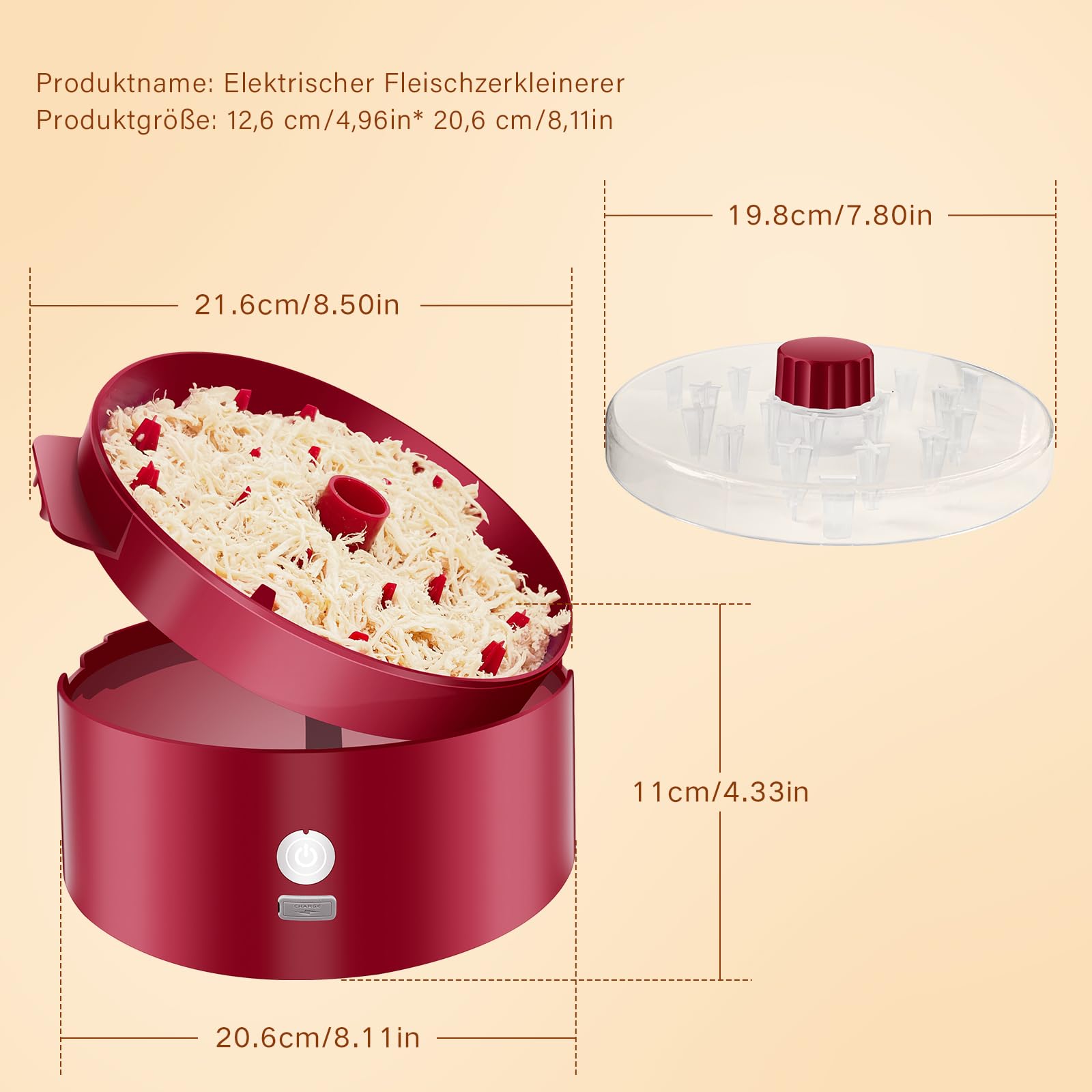 Automatischer Elektrischer Hähnchen-Zerkleinerer|Typ-C Schnellladung & 60min Laufzeit|8"/20CM sichtbare Zerkleinerungskammer mit Bürste/Gabel|BPA-frei spülmaschinenfest|für Meal Prep (Rot)