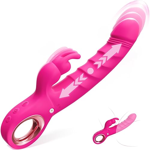 Thrusting Dildo Vibrator Sex Toys - 3 in 1 Rose Toy Dildos with 7 Thrusting & Rabbit & Vibration Modes - Independent Control Adult Toys with Multiple Stimulation, Rabbit Vibrators for Women (Rose)