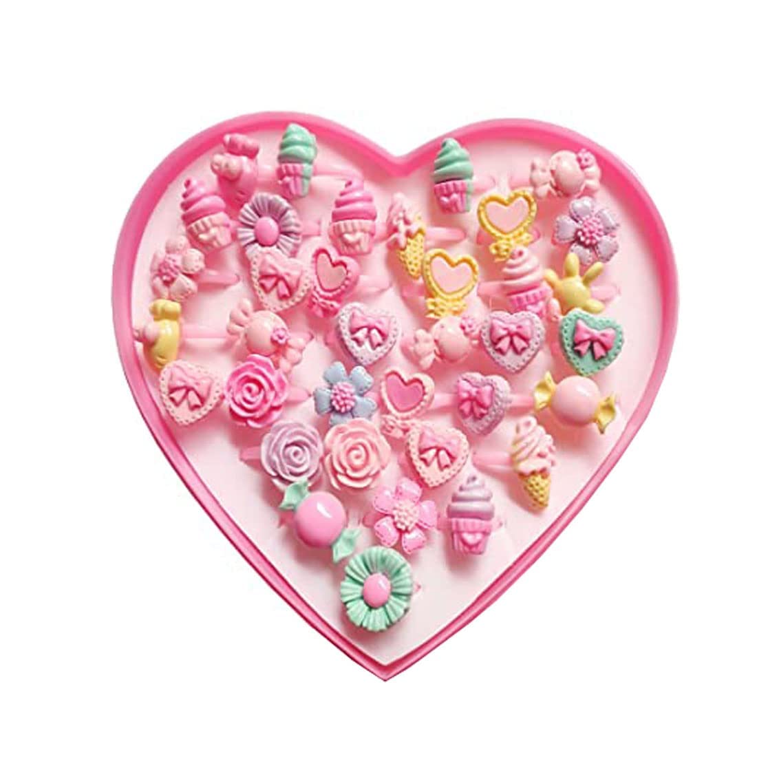 DENICRAAS Girls Kids Cartoon Pretend Play Toy Fancy Finger Rings For Birthday Gifting Comes In Pink Heart Shape Gift Box .Suitable For Age 2-10 Yrs (36 Pcs)