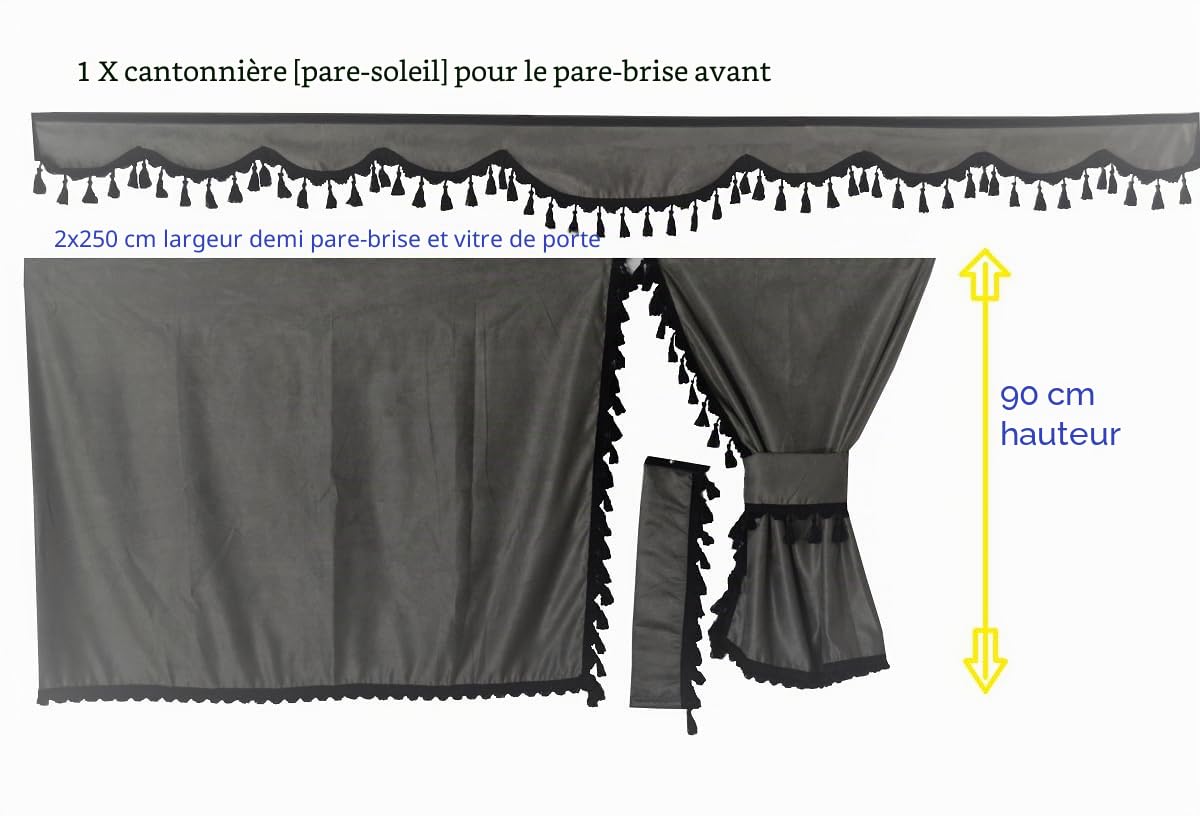 Generic Ensemble complet de rideaux gris avec passants noirs compatibles uniquement avec DAF Super Space – Cabines hautes et scania
