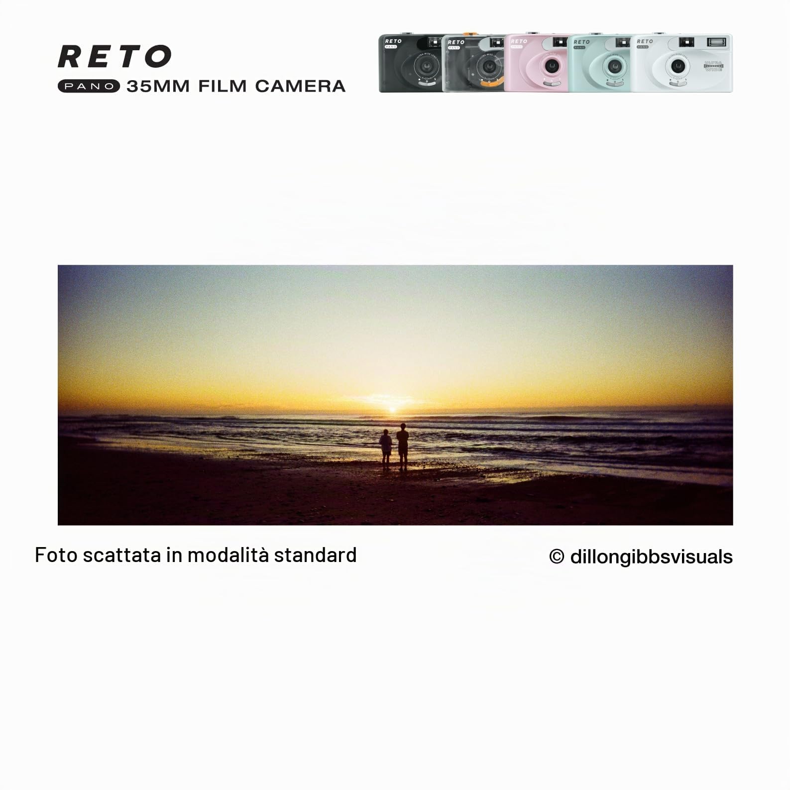 RETO PANO - Fotocamera a pellicola da 35 mm, obiettivo largo 22 mm, panorama, facile commutazione, modalità cinematografica, copriobiettivo, flash integrato, riutilizzabile (pellicola e batteria AAA