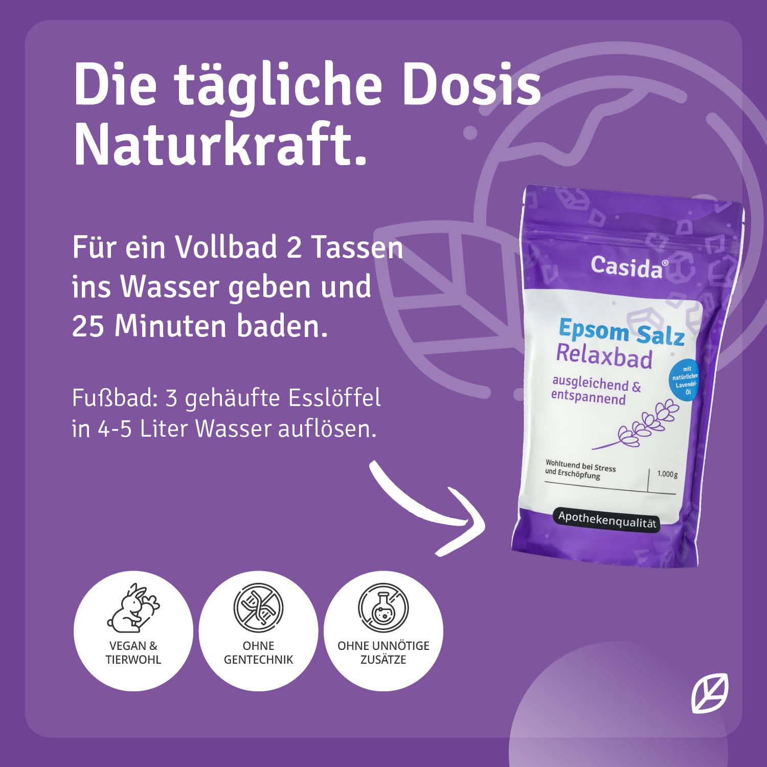 Casida® Kąpiel Relaksacyjna z Sólą Epsom i Lawendą - sól gorzka/Sól Epsom (siarczan magnezu) z naturalnym olejkiem lawendowym/lawendą - kąpiel odprężając - jakość apteczna - 1000 g