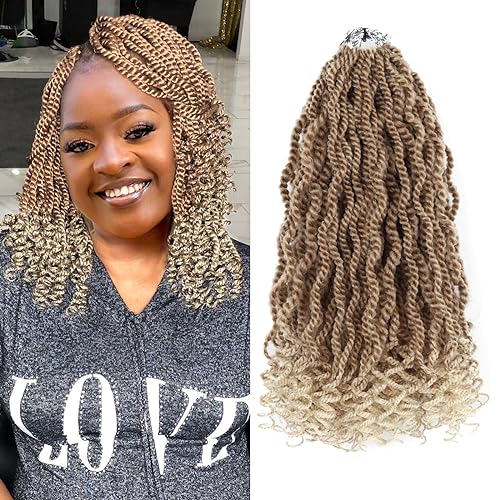 Blonde Crochet Hair for Black Women Wavy Senegalese Twist Crochet Hair 12 Inch Short Pre Looed Crochet Kinky Twists 8 Packs 2 Tone Crochet Braids with Curly Ends（12 Inch,27/613）