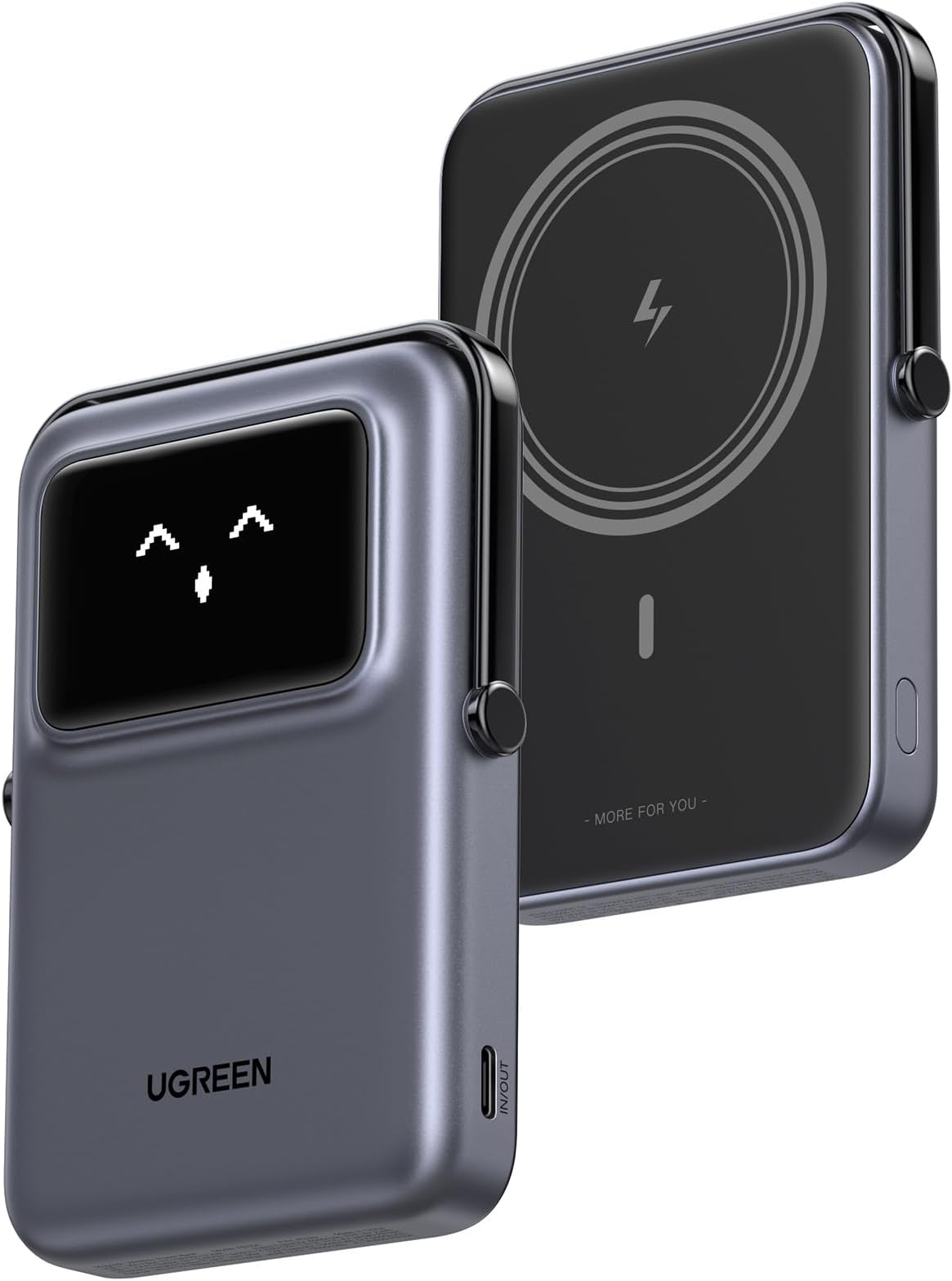 UGREEN Uno 折畳式スタンド付き マグネット モバイルバッテリー Qi ワイヤレス充電対応 TFTスクリーン表情表示 PB572