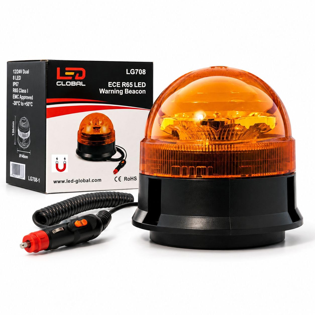 Rundumleuchte Magnet 12V 24V – LED Warnleuchte Orange mit Magnetfuß und Zigarettenanzünder-Stecker – 3 Blitzmuster, ECE R65 R10 StVZO Zulassung, IP67, für Traktor LKW Pannenhilfe