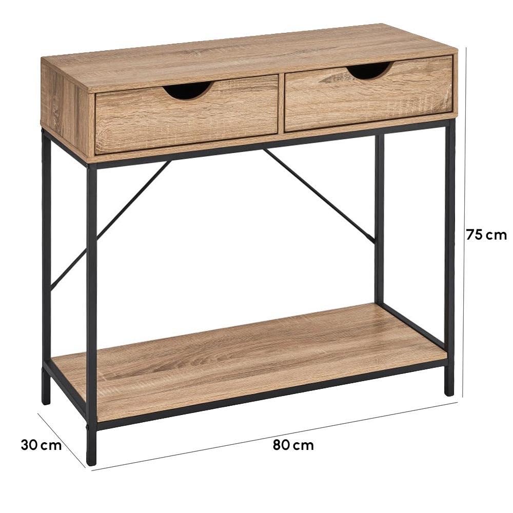 LOLAhome - Consola Urban Laminado Natural con 2 cajones y Estante de 80x75x30 cm. Estilo Industrial Robusto Que combina Madera y Metal Negro para organizar tu Entrada con Las Tendencias.