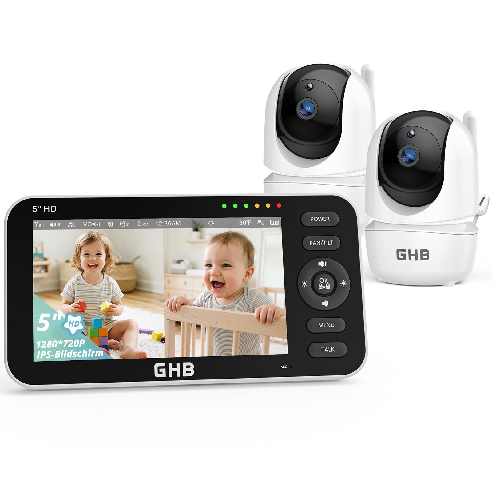 GHB Babyphone mit 2 Kameras 5 Zoll 720P HD Display mit bis zu 168h Akkulaufzeit im VOX Schlafmodus Split-Screen-Anzeige Nachtsicht 4X Zoom Schwenkbar