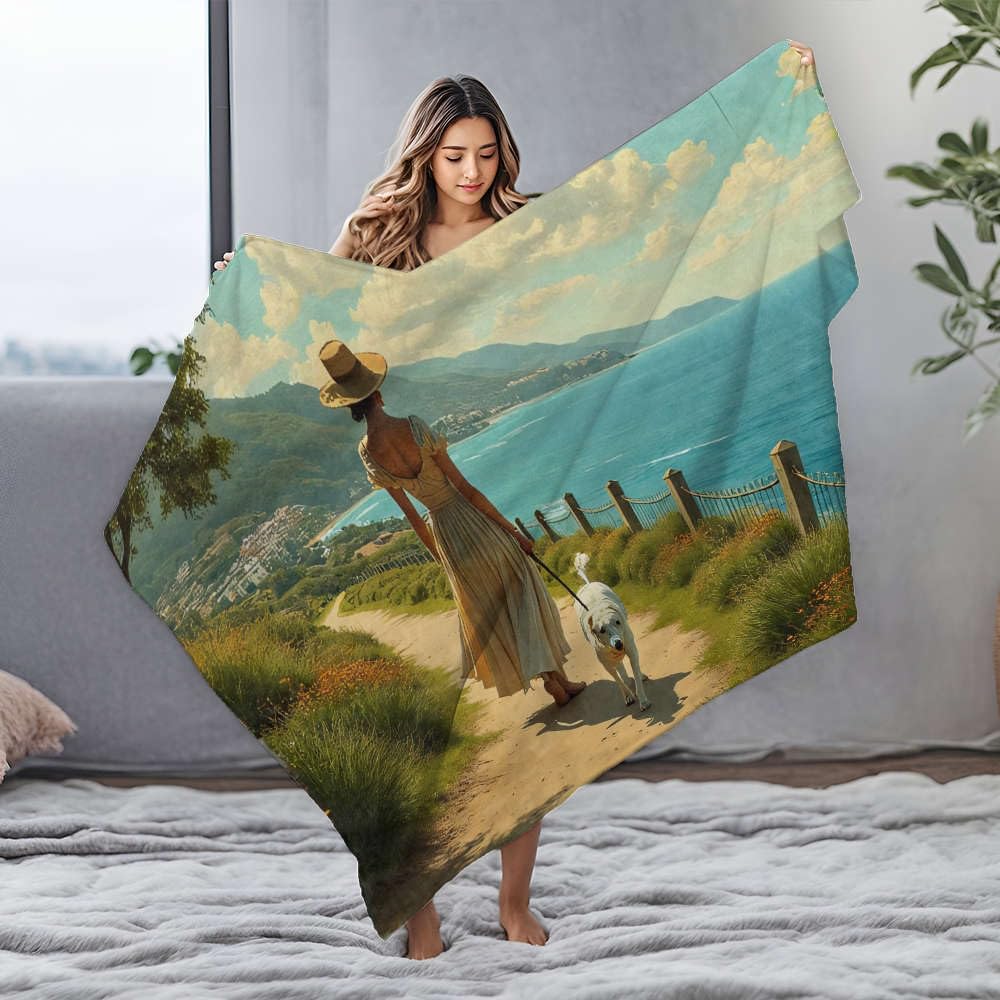 Couverture lit femme promenant son chien plaid chaud flanelle 150x200