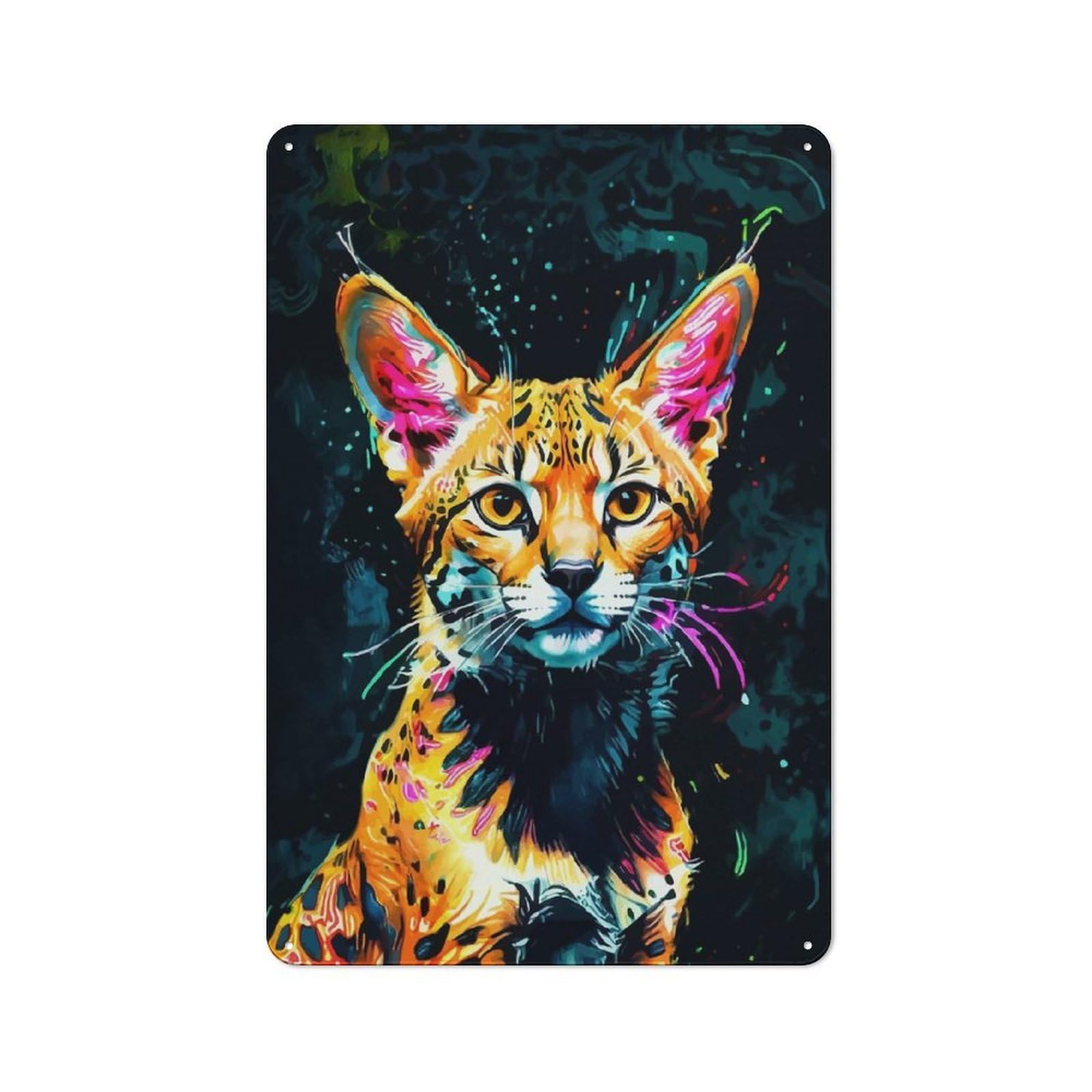 Junmoney Neon Serval Cat Decorative Metal Plaque With Design 30X20cm, Loft Style Loft Wall Plaque For Modern Home, Workshop, Office Or Cafe