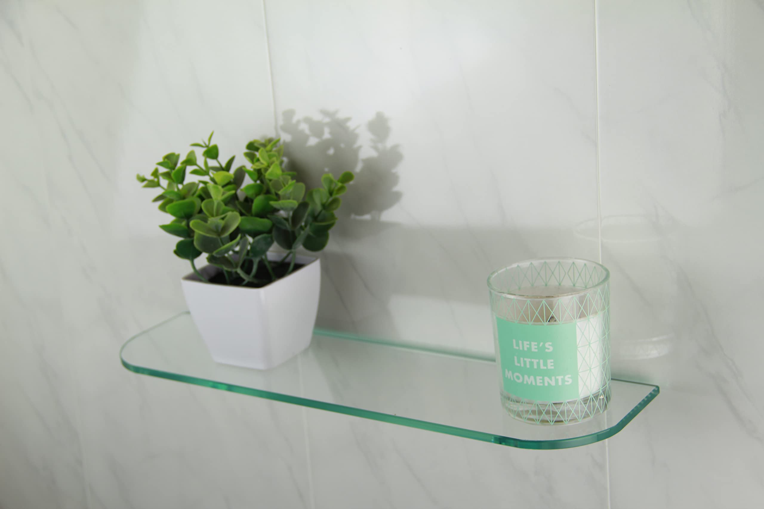 Juego de dos estantes de cristal con esquinas curvadas, 6 mm de grosor, cristal templado transparente, para baño, cocina, 400 x 100 mm (40.64 cm aprox.), con grandes soportes de acabado cromado