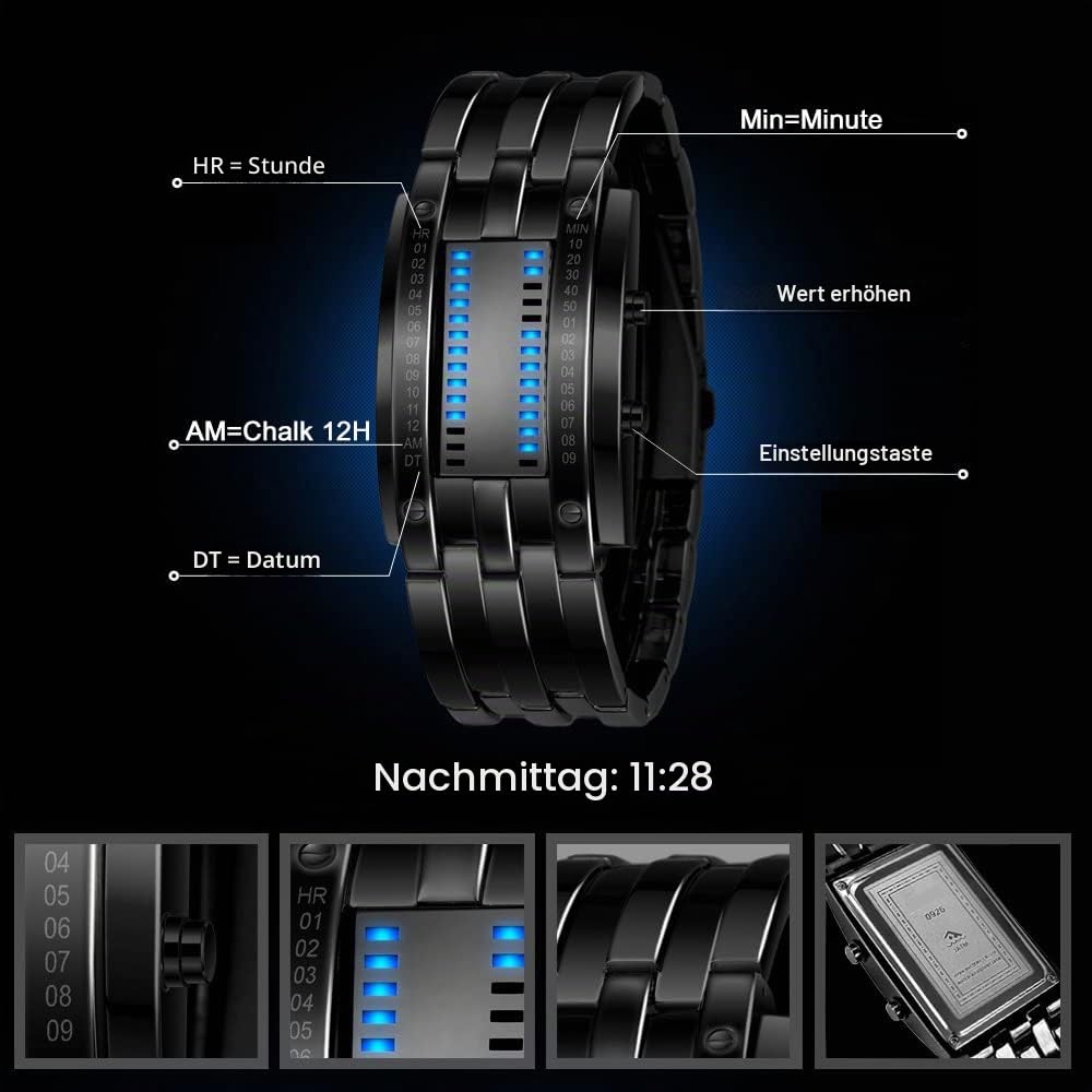 Unisex Binär Digitale Uhren Schwarz Edelstahl Fashion Casual Stil Eckig Zifferblatt Blau LED Licht Einzigartig Armbanduhren Kalender