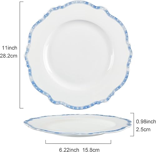 Miniatura 6 de fanquare Juego de platos de cena azules, platos festoneados de 10 pulgadas, juego de platos de almuerzo de porcelana, platos aptos para microondas,