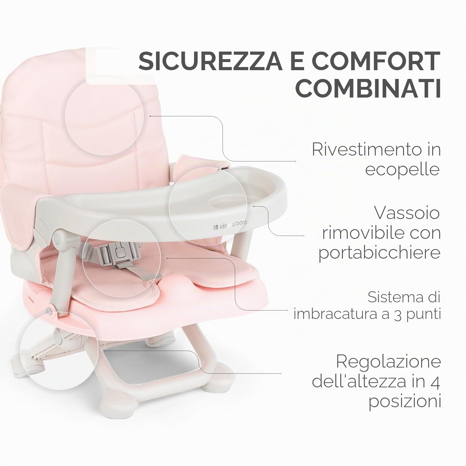 KikkaBoo Sollevatore per sedia PAPPO, Booster fino a 36 mesi, sedile sollevatore pieghevole, vassoio rimovibile, seggiolone da viaggio portatile e regolabile, compatto, rosa