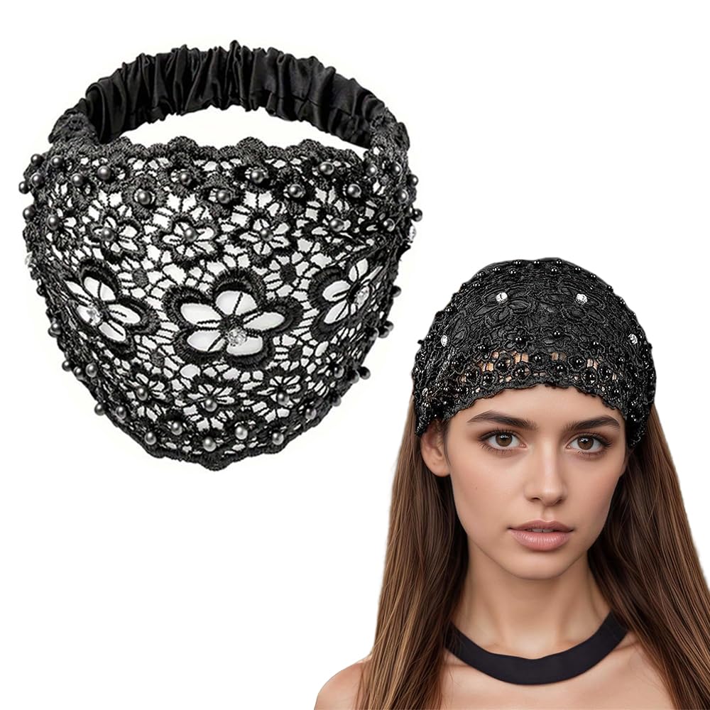 Hair Bands For Women, Stretchy Lace Wide Head Band For Women, Boho Chic Crystal & Pearl Embellished Hair Band, Elegant Floral Beaded Headband, Hair Accessories (Black, One size)-image-10