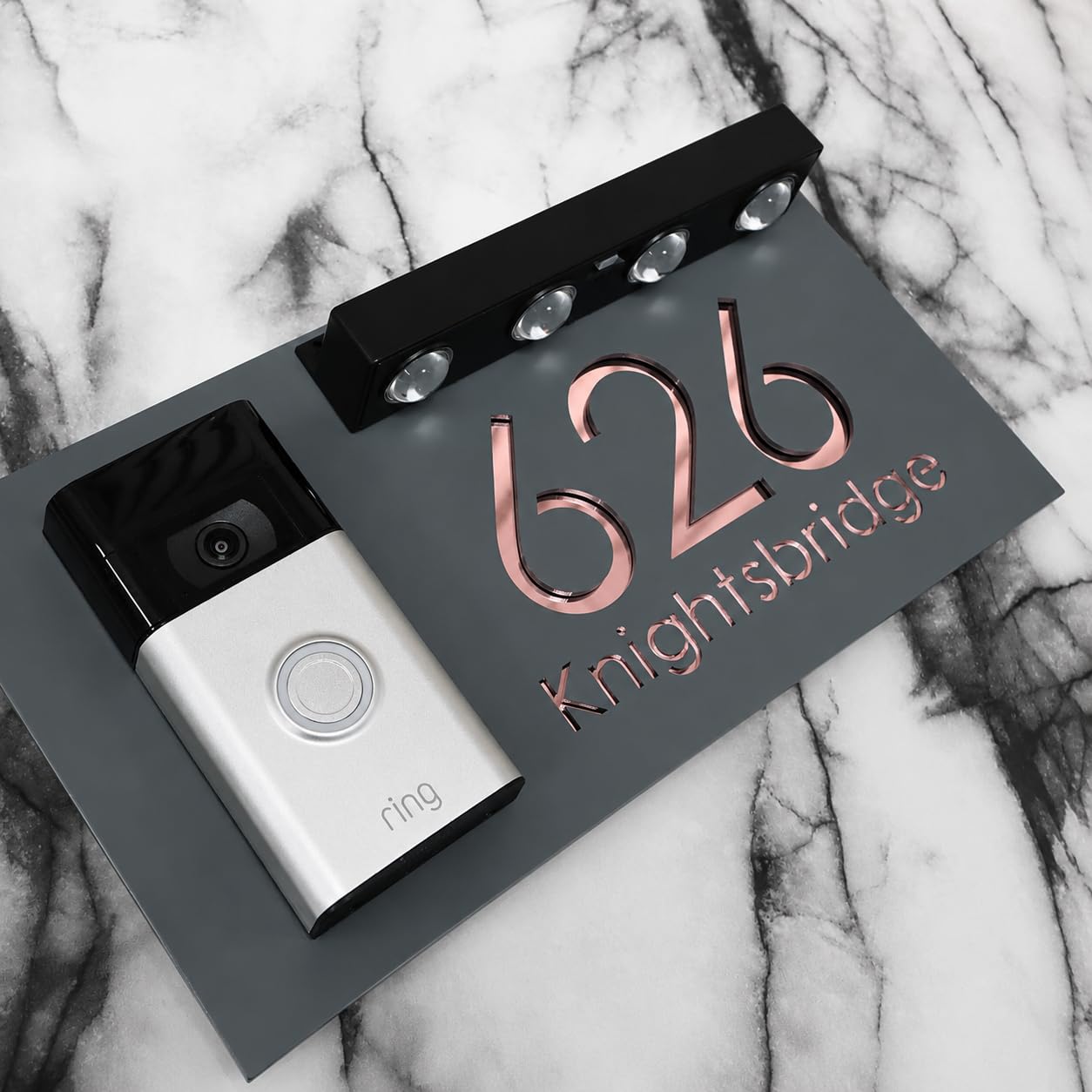 K Smart Sign | Bellissima LED DOORBELL F31 | Personalised House Video Doorbell Solar LED Signs 3d Door Numbers Street Address Number Plaques | 300mm x 160mm (Matt Grey & Rose Gold Mirror)