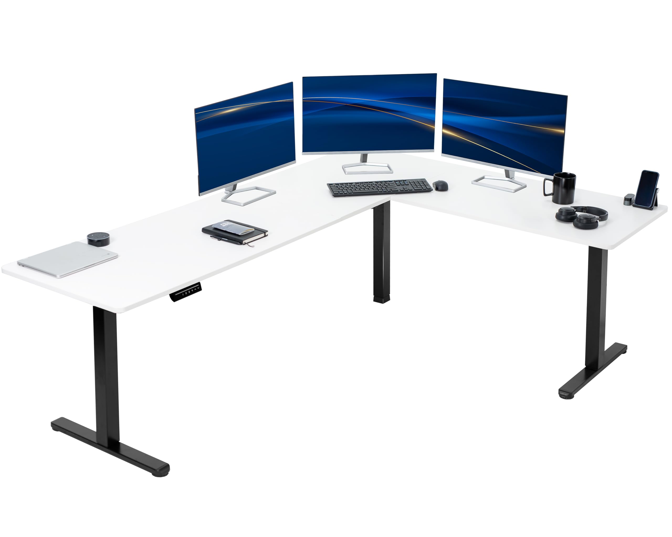 VIVO Electric Corner 84 x 63 inch L-Shaped Standing Desk, Memory Height Adjustment, White Top Black Frame, DESK-E3CTBW-84