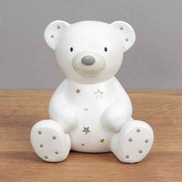 Widdop & Co. Bambino White Resin Money Box - Teddy Bear with Gold & Silver Stars - Perfect Nursery Decoration Or Baby Gift Christening Baby Shower