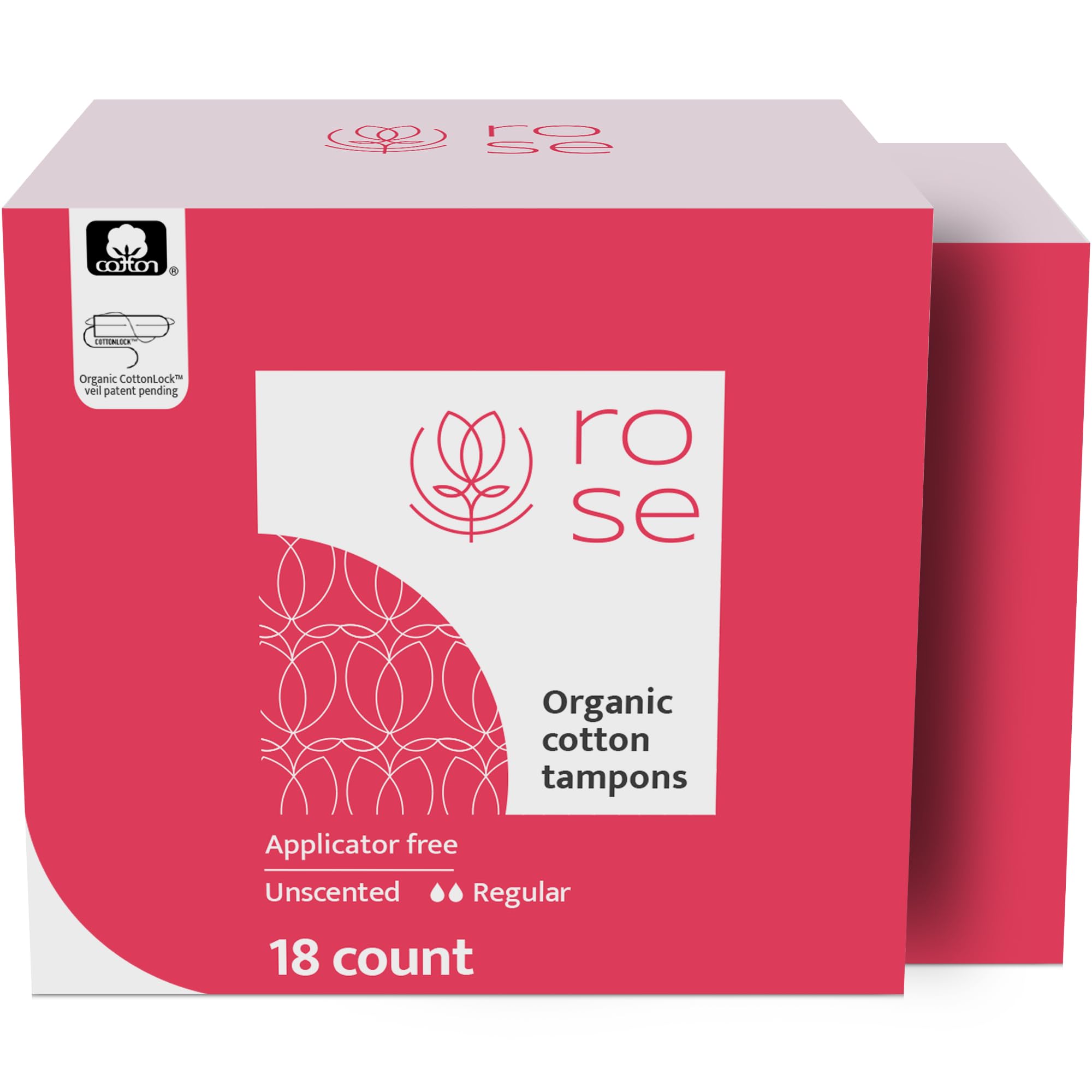Rose Organic Tampons - Regular, Non Applicator, 100% Organic Cotton core and Security Veil, Unscented - 18 Count (Pack of 2)
